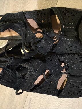 Black Cutout Lace-Up Flat Sandals